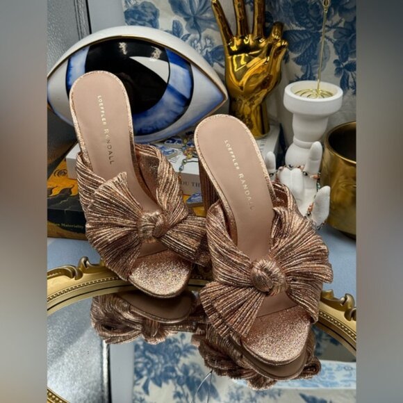 🆕 LOEFFLER RANDALL 🧿 NWOB Penny Metallic Rose Gold Pleated Bow Mule Heel, Sz 7 - Picture 5 of 14